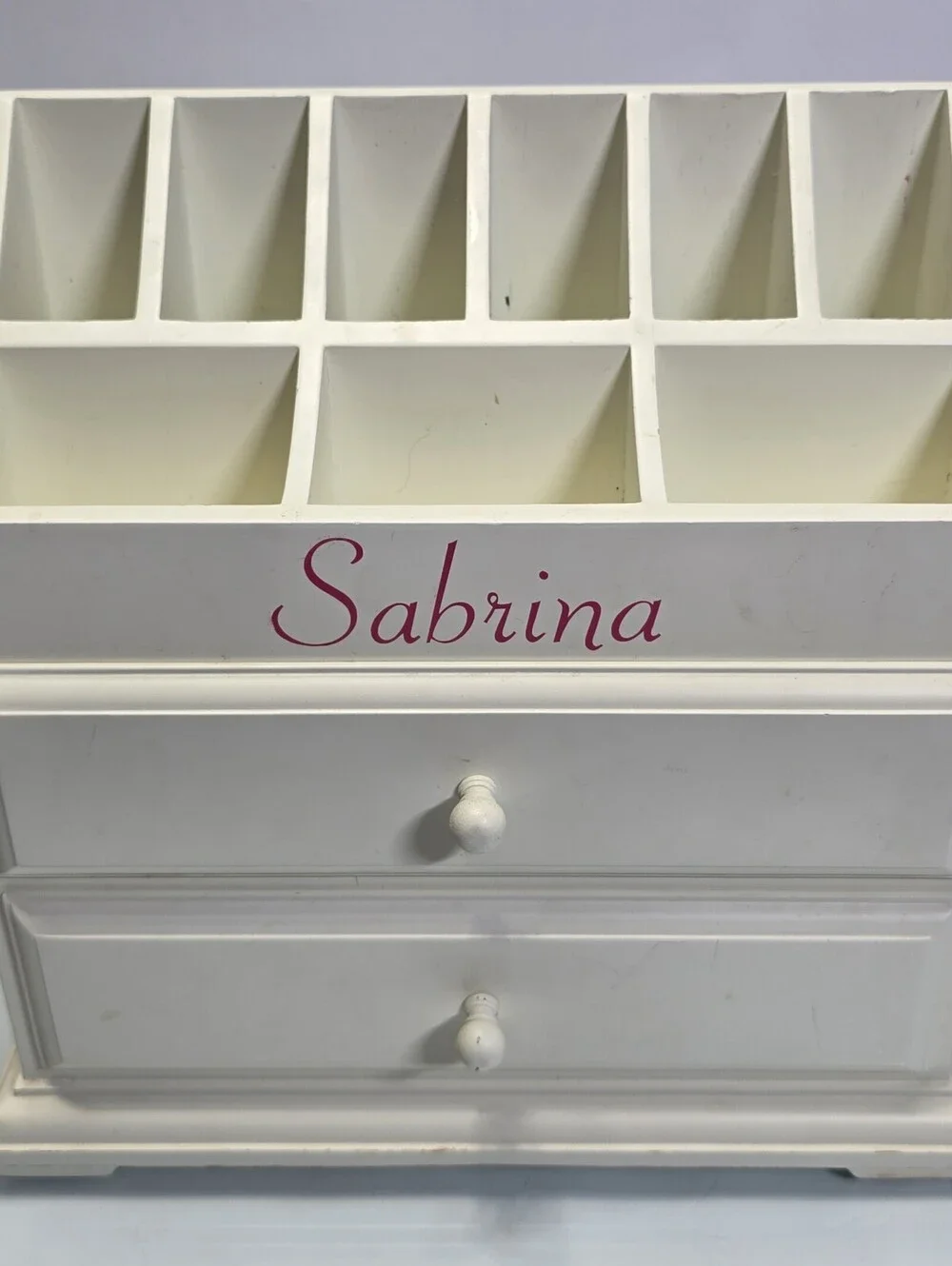 Personalized Sabrina White Wooden Desktop Organizer 2 Drawers 9 Compartments 12